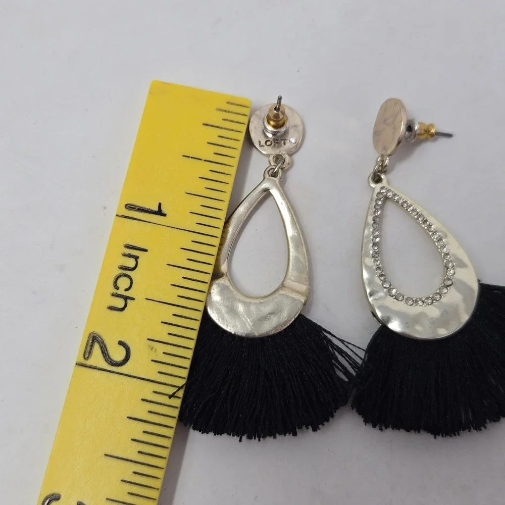 Loft Gold Tone Crystal Pave Teardrop‎ Black Fan Tassel Drop Earrings